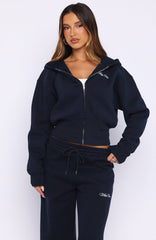 Wishing For It Cropped Cinched Zip Front Hoodie Navy