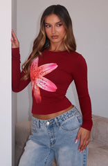 Flower Beds Long Sleeve Baby Tee Burgundy