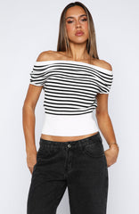 Sweet Dreams Cinched Waist Off Shoulder Top White/Black Stripe