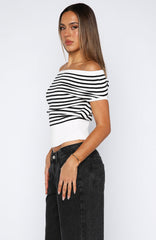 Sweet Dreams Cinched Waist Off Shoulder Top White/Black Stripe