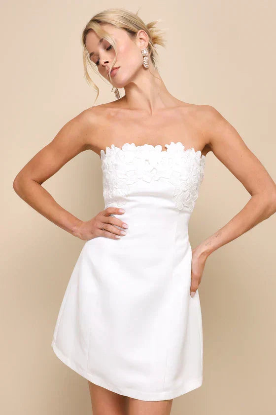 Unforgettable Icon White Satin Strapless Floral Mini Dress