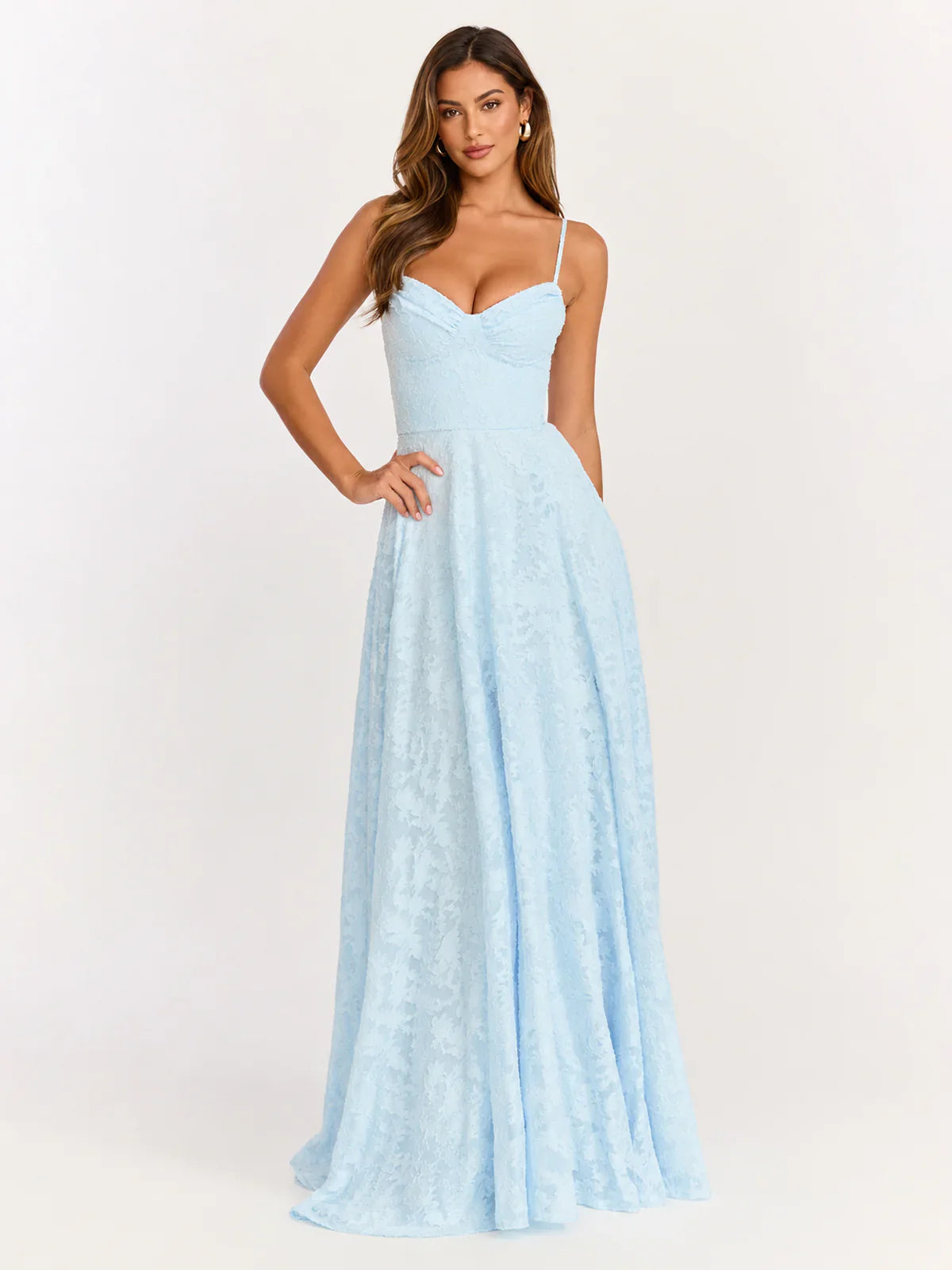 Rachel Maxi Dress - Sweetheart Neckline Jacquard Front Split Dress In Ice Blue